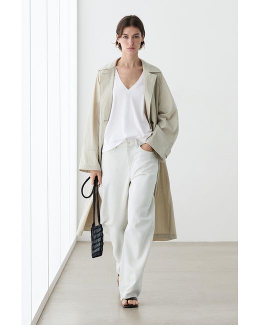 MASSIMO DUTTI White Flowing Cropped Fit V-Neck T-Shirt