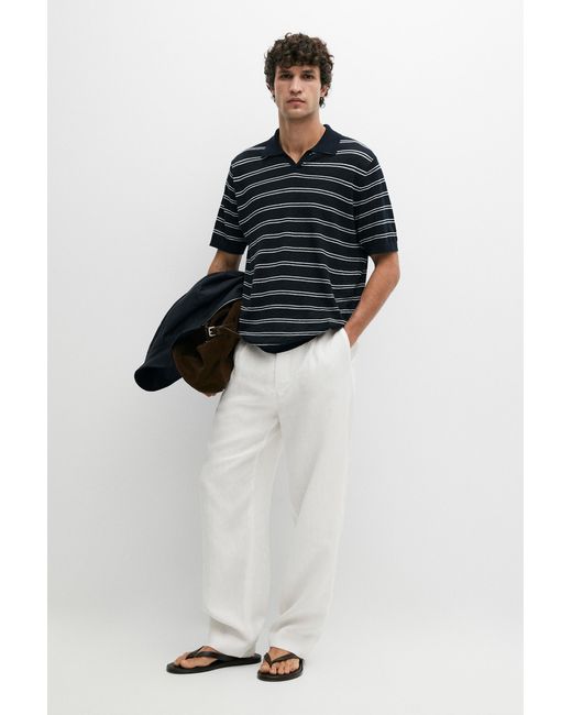 MASSIMO DUTTI Black 100% Linen Striped V-Neck Polo Shirt for men
