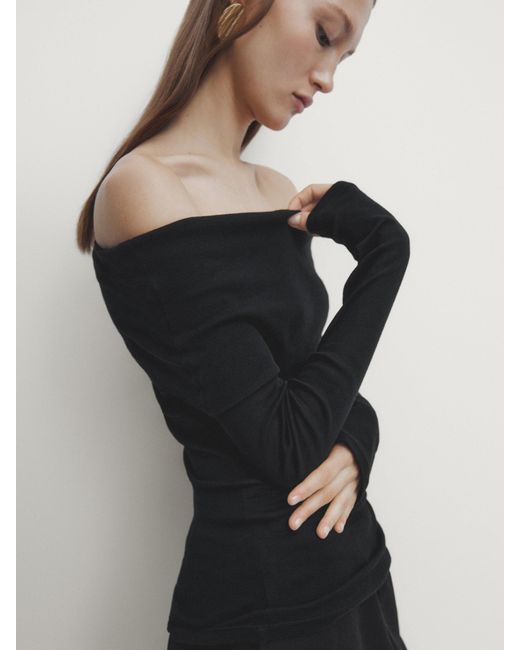 MASSIMO DUTTI Black Long Off-The-Shoulder Top