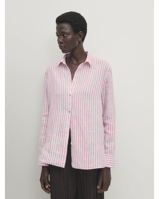 MASSIMO DUTTI Pink 100% Linen Striped Shirt