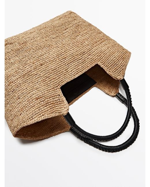 MASSIMO DUTTI Natural Raffia Tote Bag With Leather Handles