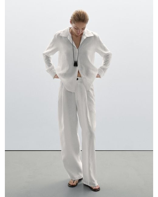 MASSIMO DUTTI Gray Mid-Rise Wide-Leg Linen Trousers