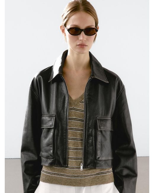 MASSIMO DUTTI Black Worn Effect Nappa Leather Jacket