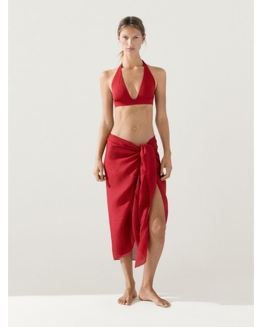 MASSIMO DUTTI Red 100% Ramie Pareo Skirt