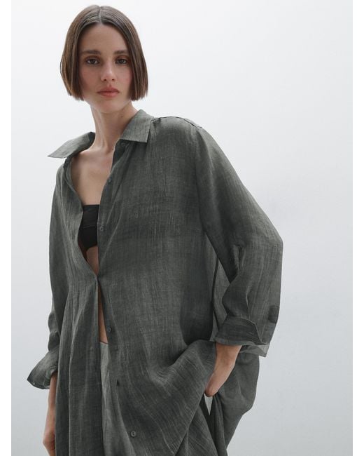 MASSIMO DUTTI Gray Semi-Sheer Ramie Blend Oversize Blouse