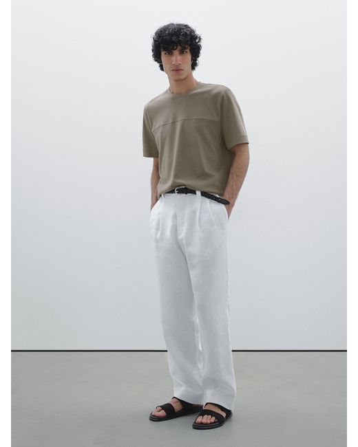 MASSIMO DUTTI White 100% Cotton T-Shirt With Seam Detail for men