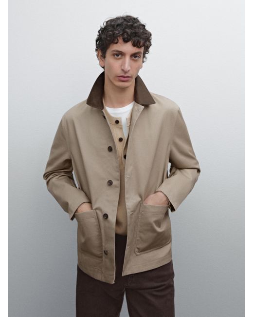MASSIMO DUTTI Natural Short Jacket With Leather Collar Detail for men