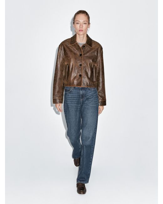 MASSIMO DUTTI White Distressed Effect Nappa Leather Cropped Jacket