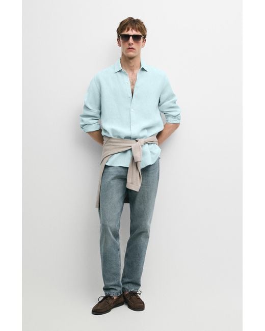 MASSIMO DUTTI Blue 100% Linen Regular Fit Shirt for men