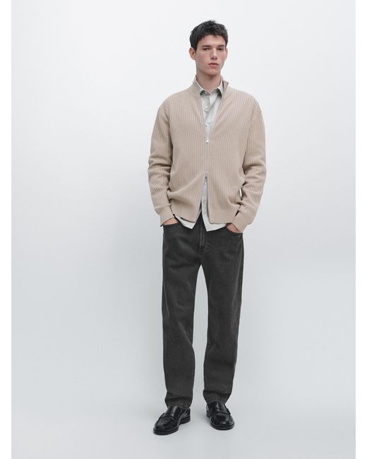 MASSIMO DUTTI White Cotton Zip-Up Knit Cardigan for men