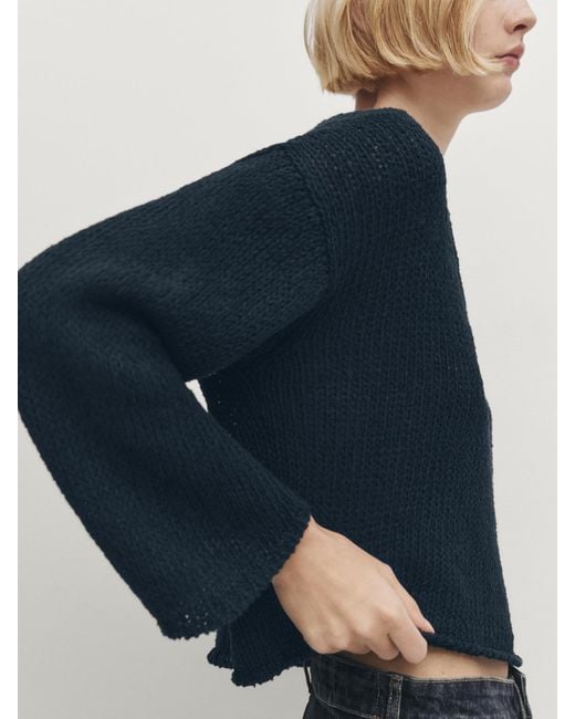 MASSIMO DUTTI Blue V-Neck Linen Blend Knit Sweater