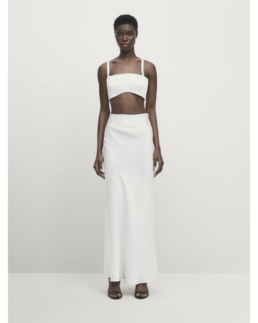 MASSIMO DUTTI White Long Satin Skirt With Sash-Effect Waistband