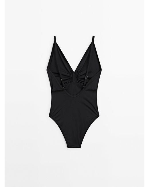 MASSIMO DUTTI Black V-Neck Swimsuit With Gathered Detail