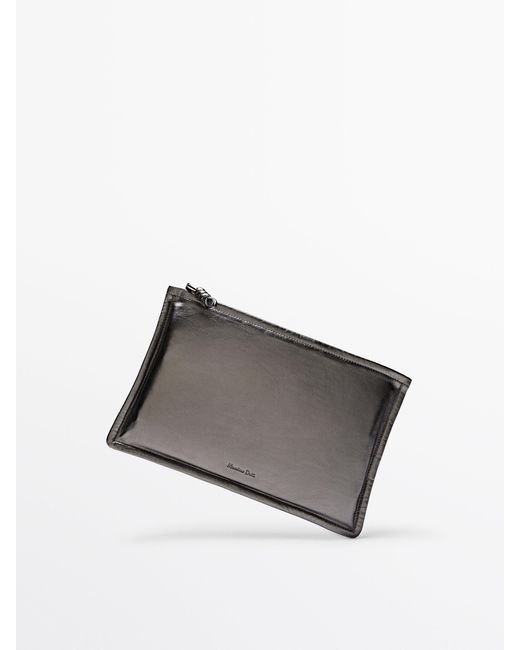 MASSIMO DUTTI Gray Nappa Leather Clutch With Knot Detail