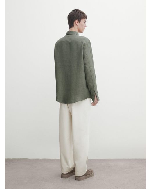 MASSIMO DUTTI Green 100% Linen Regular Fit Shirt for men