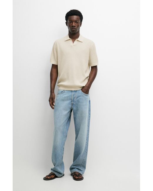 MASSIMO DUTTI Blue 100% Cotton Ribbed Knit Polo Sweater for men