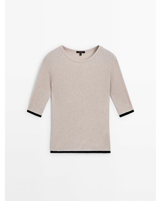 MASSIMO DUTTI Natural Ribbed Cotton T-Shirt With Contrast Detail