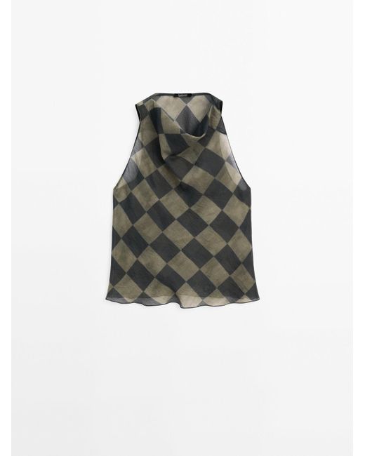 MASSIMO DUTTI Gedrapeerde Haltertop Met Dambordruit in het Multicolor