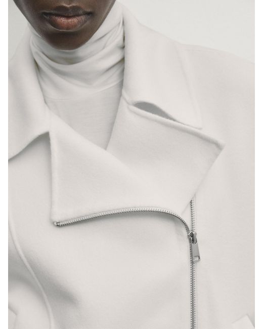 MASSIMO DUTTI White Double-Faced Wool Blend Biker-Effect Coat