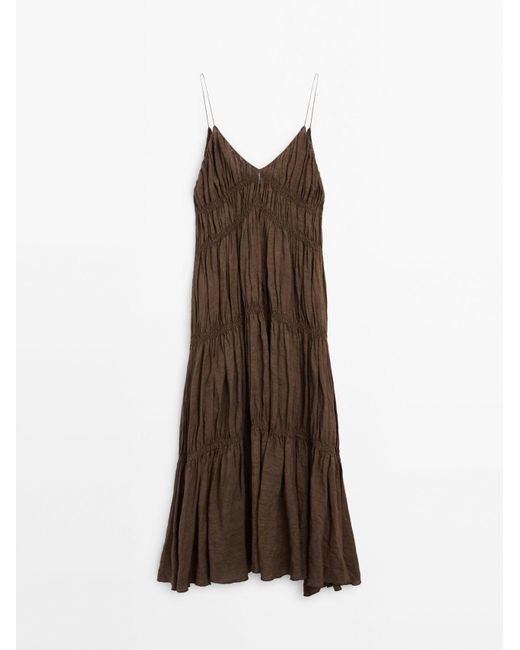 MASSIMO DUTTI Natural 100% Linen Long Dress With Gathered Detail
