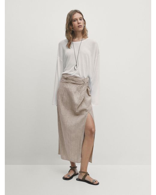 MASSIMO DUTTI Natural Linen Blend Midi Skirt With Slit Detail