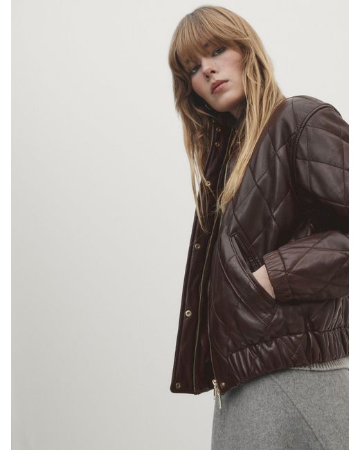 MASSIMO DUTTI Quilted Nappa Leather Bomber Jacket in Brown Lyst