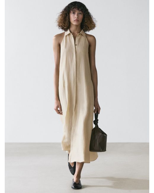 MASSIMO DUTTI White Linen Blend Polo Collar Midi Dress