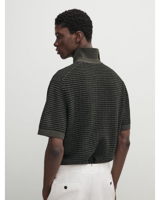 MASSIMO DUTTI Black Textured Short Sleeve Polo Sweater for men