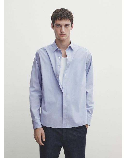 MASSIMO DUTTI Blue Regular Fit Striped Poplin Cotton Shirt for men