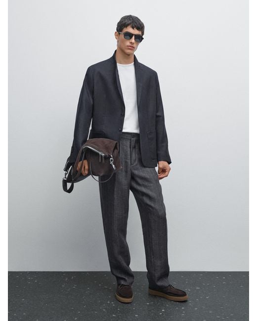 MASSIMO DUTTI Blue Faded Striped Linen Trousers for men
