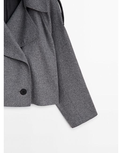 MASSIMO DUTTI Gray Cropped Wool Blend Flannel Trench Coat