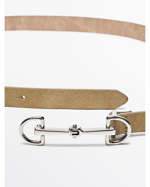 MASSIMO DUTTI White Split Leather Belt With Double Buckle