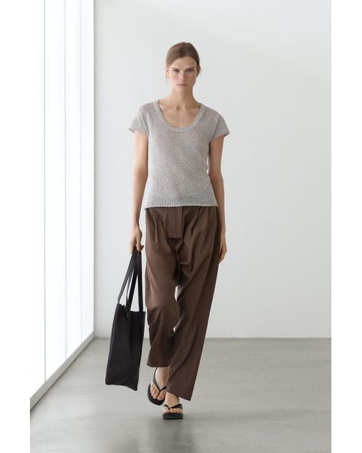 MASSIMO DUTTI Gray Knit Short Sleeve Sweater With Thread Detail
