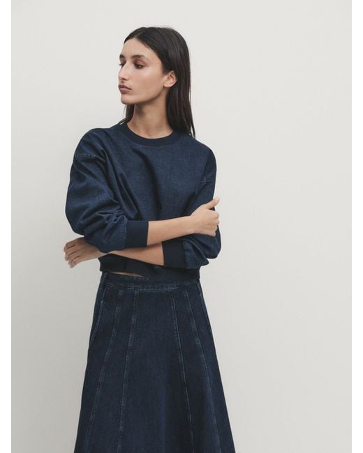 MASSIMO DUTTI Denim Flounce Midi Skirt With Seams in Blue