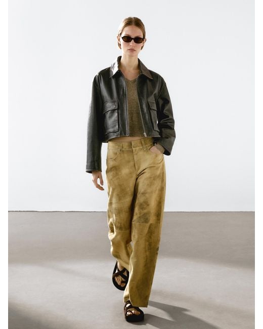 Pantalon Effet Usé En Cuir Finition Daim MASSIMO DUTTI en coloris Natural