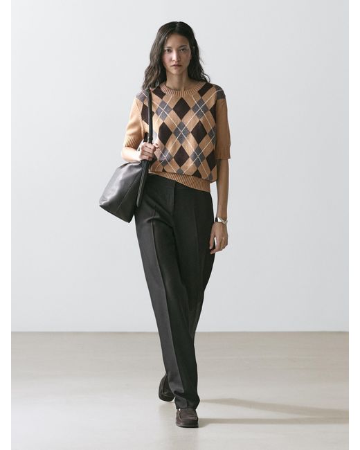 MASSIMO DUTTI Natural Cotton Argyle Knit Sweater