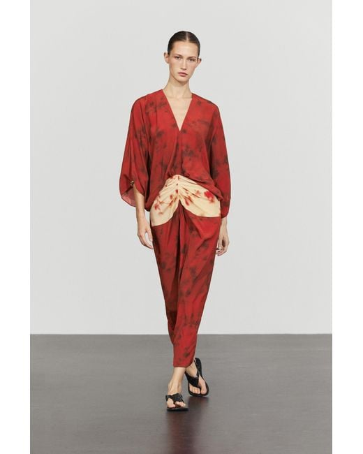 MASSIMO DUTTI Red Printed Flowing Dress With Sash Detail