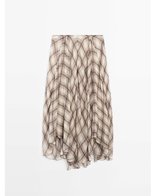 MASSIMO DUTTI White Flowing Check Midi Skirt