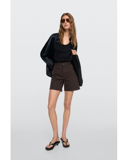MASSIMO DUTTI Brown Mid-Waist Denim Shorts