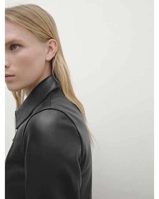 MASSIMO DUTTI Black Nappa Leather Biker Jacket