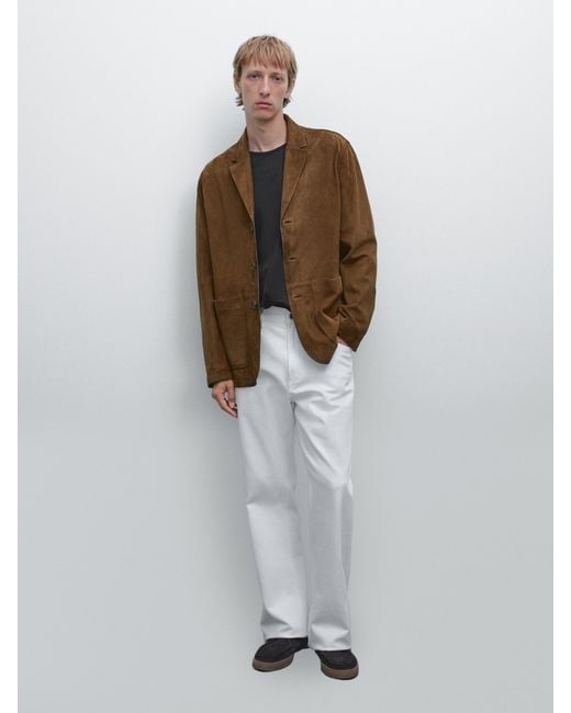 MASSIMO DUTTI Gray Suede Leather Blazer With Topstitching for men