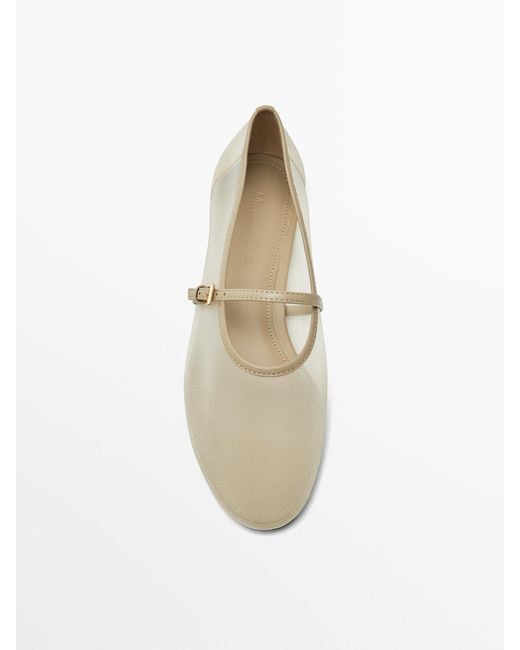 MASSIMO DUTTI White Mesh Ballet Flats With Strap Across The Instep