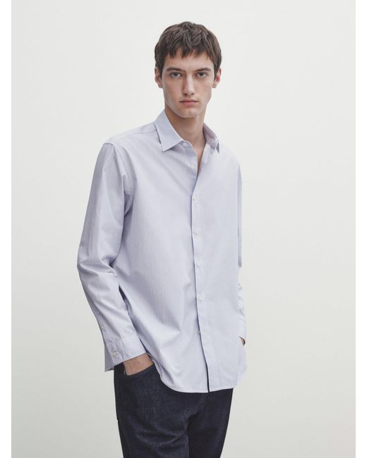 MASSIMO DUTTI White Relaxed Fit Striped Poplin Cotton Shirt for men