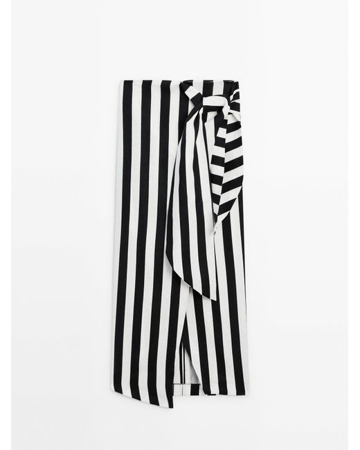 MASSIMO DUTTI White 100% Linen Striped Midi Skirt