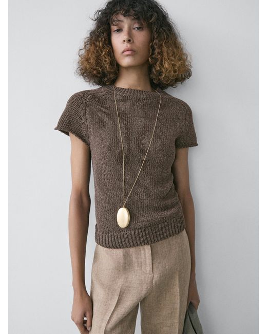 MASSIMO DUTTI Brown Short Sleeve Knit Sweater