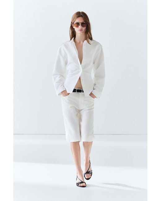 MASSIMO DUTTI White Cotton And Linen Blend Shirt With Shoulder Detail