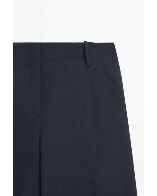MASSIMO DUTTI Blue Flowing Linen Blend Pants With Buttoned Tab Detail
