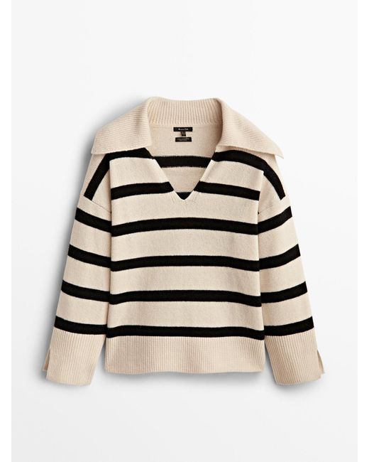 MASSIMO DUTTI Natural Striped Wool And Cashmere Polo Sweater