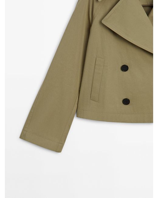 MASSIMO DUTTI Green Short 100% Cotton Trench Coat With Lapel