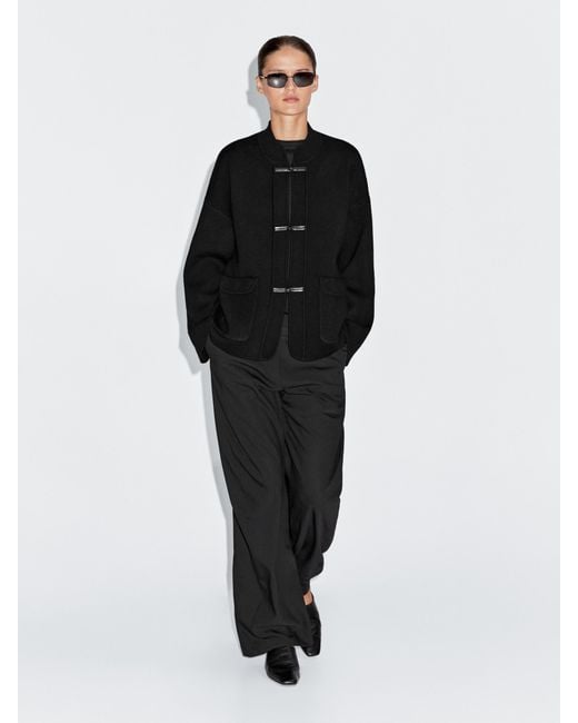 MASSIMO DUTTI Black Wool Blend Knit Cardigan With Stand Collar